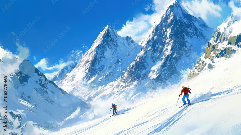 Skiers carve down snow-capped peaks, leaving fresh tracks in the untouched snow. Skiers carve down snow-capped peaks, leaving fresh tracks in the untouched snow.