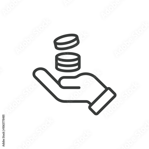 Coins on hand, icon in line design. Coins, hand, money, currency, savings, finance, wealth on white background vector. Coins on hand editable stroke icon