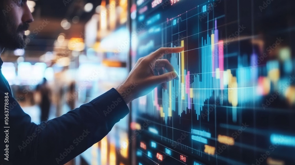 A businessman analyzes a financial graph on a large screen, showcasing the power of data-driven decision making for sales growth. The concept symbolizes: analysis, progress, investment, strategy, and A businessman analyzes a financial graph on a large screen, showcasing the power of data-driven decision making for sales growth. The concept symbolizes: analysis, progress, investment, strategy, and