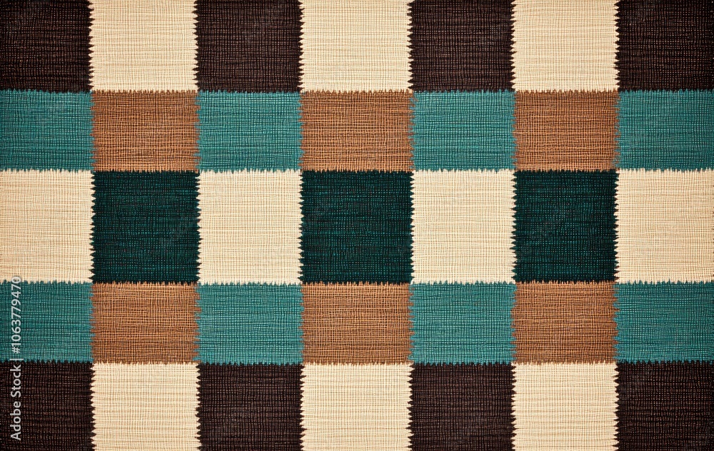 Fototapeta premium Colorful patterned textile with squares, showcasing alternating shades of brown, teal, and cream.