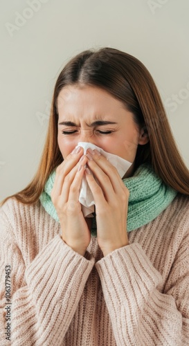 Young Woman Suffering from Cold or Allergies with Tissue photo