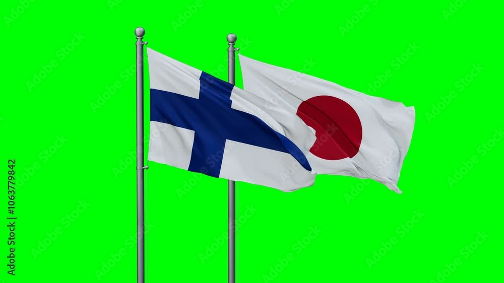Japan and Finland flags flying together, video concept of the relationship with colored chroma key for easy background remove Japan and Finland flags flying together, video concept of the relationship with colored chroma key for easy background remove