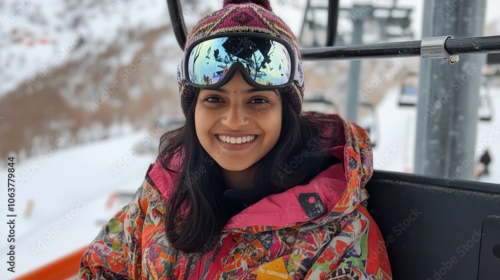Cheerful Young Woman in Colorful Snowboarding Gear on Ski Lift at Snowy Resort on a Bright Winter Day Cheerful Young Woman in Colorful Snowboarding Gear on Ski Lift at Snowy Resort on a Bright Winter Day