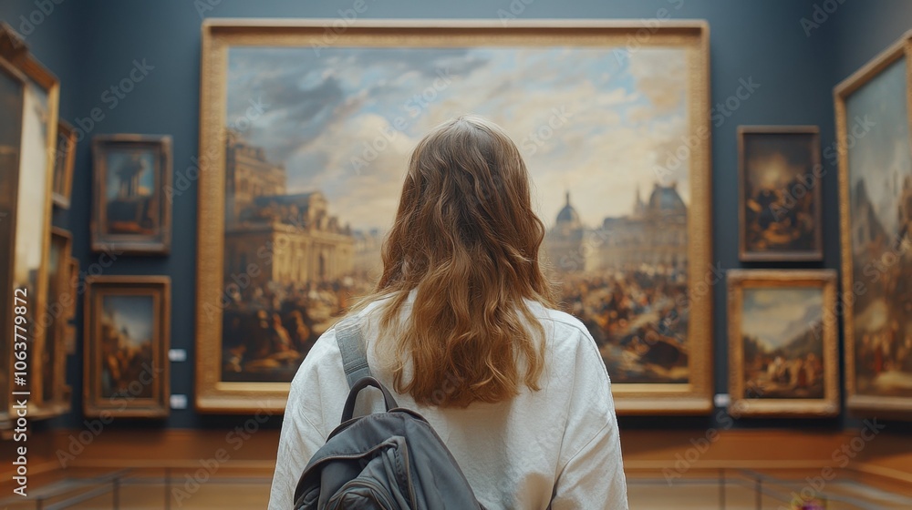 Young female tourist looking gallery exhibition. Art, Painting, photography, Inspiration and museum concept Young female tourist looking gallery exhibition. Art, Painting, photography, Inspiration and museum concept
