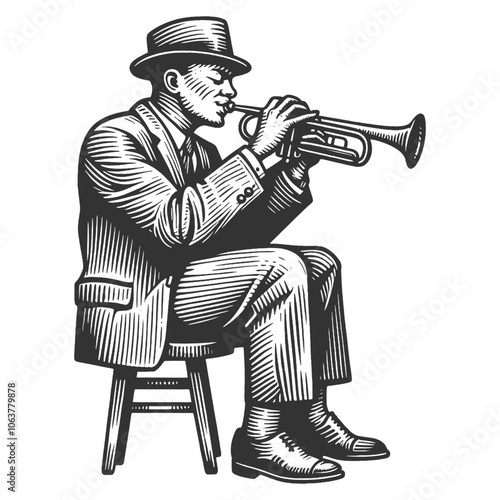 jazz musician playing the trumpet, dressed in a suit and hat, evoking classic jazz era vibes sketch engraving generative ai vector illustration. Scratch board imitation. Black and white image.