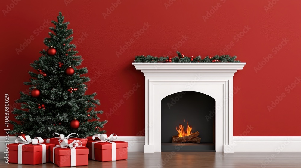 Cozy Christmas scene with a beautifully decorated tree, fireplace, and presents against a vibrant red wall. Cozy Christmas scene with a beautifully decorated tree, fireplace, and presents against a vibrant red wall.