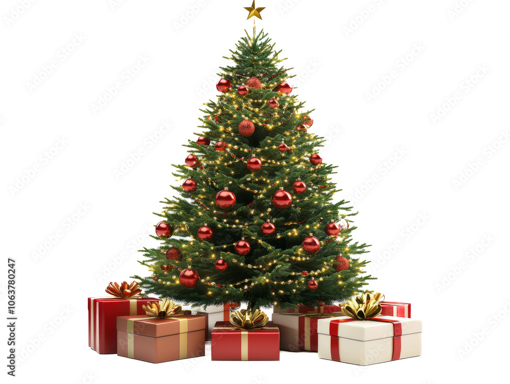 Christmas tree with gifts isolated on a white background, Christmas tree with gifts isolated on a white background,