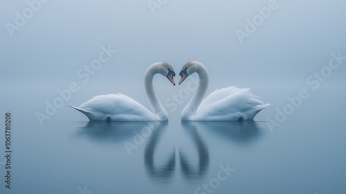 Two swans forming a heart shape on water photo