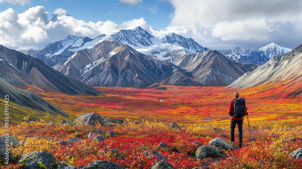 Obraz premium Lone Hiker Enjoys Scenic Mountain View