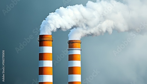 Two large industrial smokestacks emit white smoke against a clear sky, highlighting environmental concerns related to air pollution and industrial activity. photo