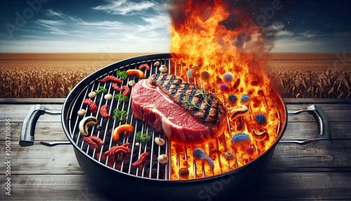 Grillfleisch. Lebensmittel durch den Klimawandel zunehmend bedroht. Krankheitserreger bedrohen die Lebensmittelsicherheit weltweit. Konzept: Hygiene und Gesundheit. photo