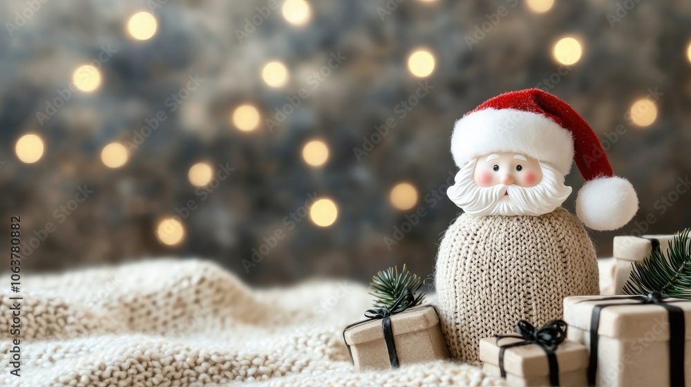 Festive Santa figurine surrounded by wrapped gifts, creating a warm holiday atmosphere with soft bokeh lights in the background. Festive Santa figurine surrounded by wrapped gifts, creating a warm holiday atmosphere with soft bokeh lights in the background.