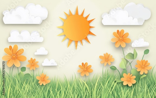 Happy Children's Day. green grass field with orange flowers, a sun, and clouds in a yellow color theme. 