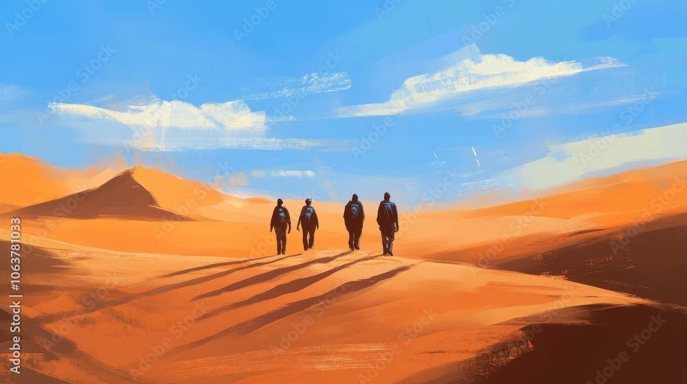 Travelers trek across desert dunes, their shadows long in the late afternoon Travelers trek across desert dunes, their shadows long in the late afternoon