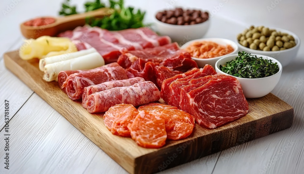 A vibrant display of assorted meats, garnishes, and condiments arranged on a wooden board, ideal for a culinary feast or gourmet cooking. A vibrant display of assorted meats, garnishes, and condiments arranged on a wooden board, ideal for a culinary feast or gourmet cooking.