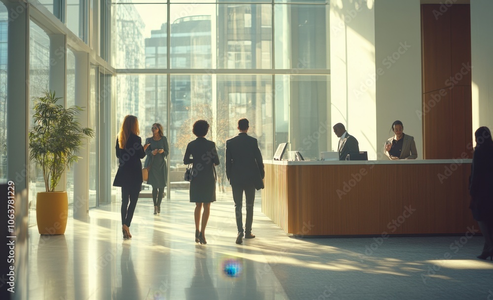 Fototapeta premium A group of diverse business people walking through an office, engaged in conversation and facing away from the camera Generative AI