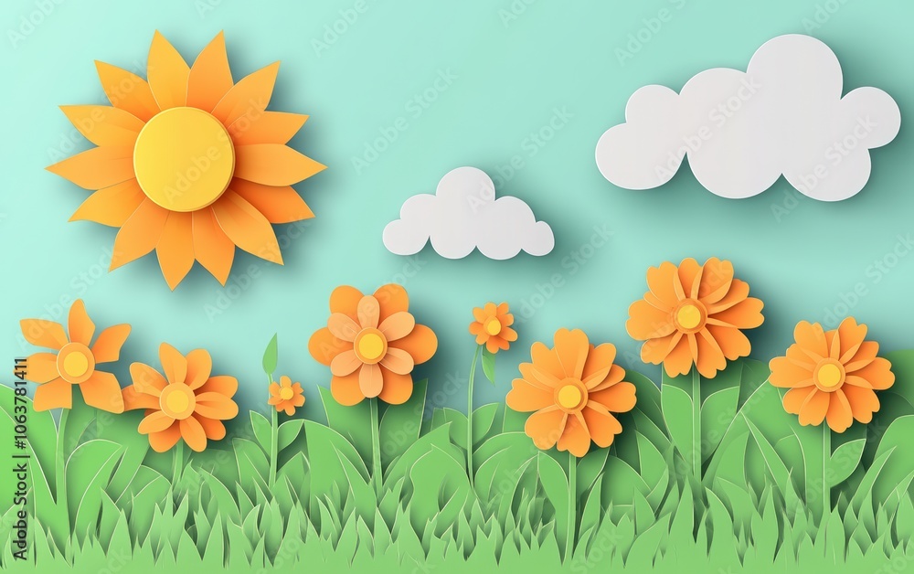 Happy Children's Day. green grass field with orange flowers, a sun, and clouds in a yellow color theme. Happy Children's Day. green grass field with orange flowers, a sun, and clouds in a yellow color theme.