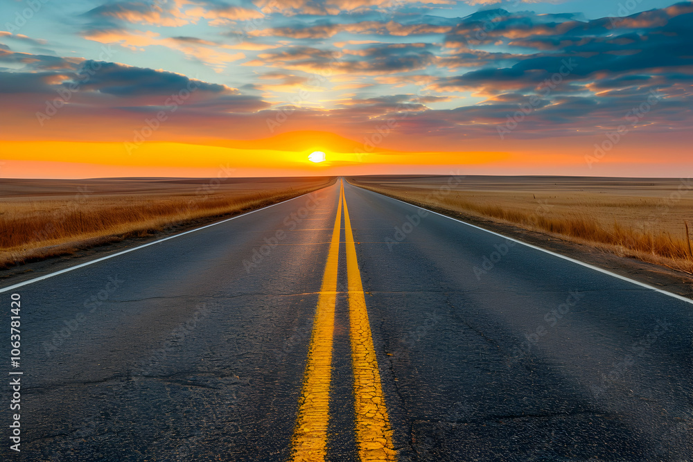 Naklejka premium A road with yellow lines leading to the horizon at sunset, symbolizing new beginnings and progress.