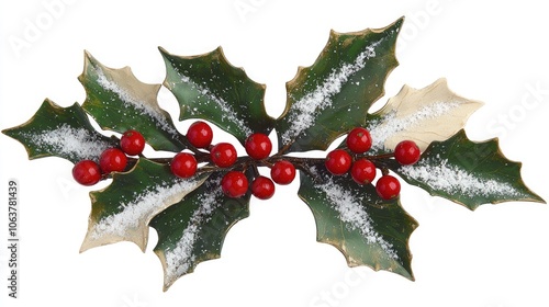 Holly leaves adorned with bright red berries on a white isolated background, perfect for festive decorations.
