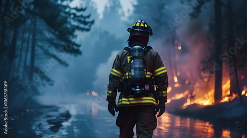 Firefighter in Uniform Battling Raging Forest Fire with Flames and Smoke