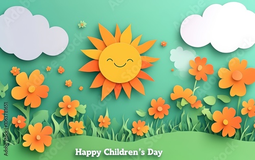 Happy Children's Day. green grass field with orange flowers, a sun, and clouds in a yellow color theme. 