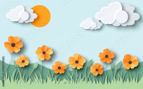 Happy Children's Day. green grass field with orange flowers, a sun, and clouds in a yellow color theme. 