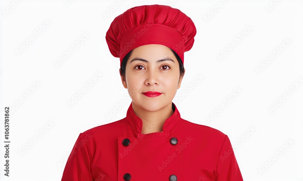Professional female chef in red uniform and hat, smiling, on a white background. Professional female chef in red uniform and hat, smiling, on a white background.