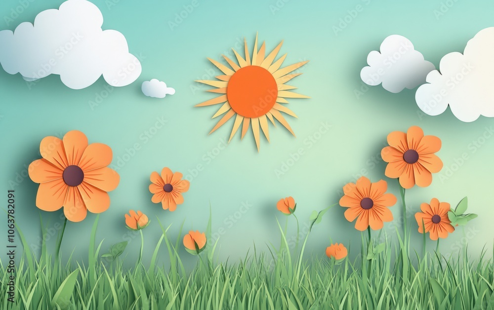 Happy Children's Day. green grass field with orange flowers, a sun, and clouds in a yellow color theme. Happy Children's Day. green grass field with orange flowers, a sun, and clouds in a yellow color theme.