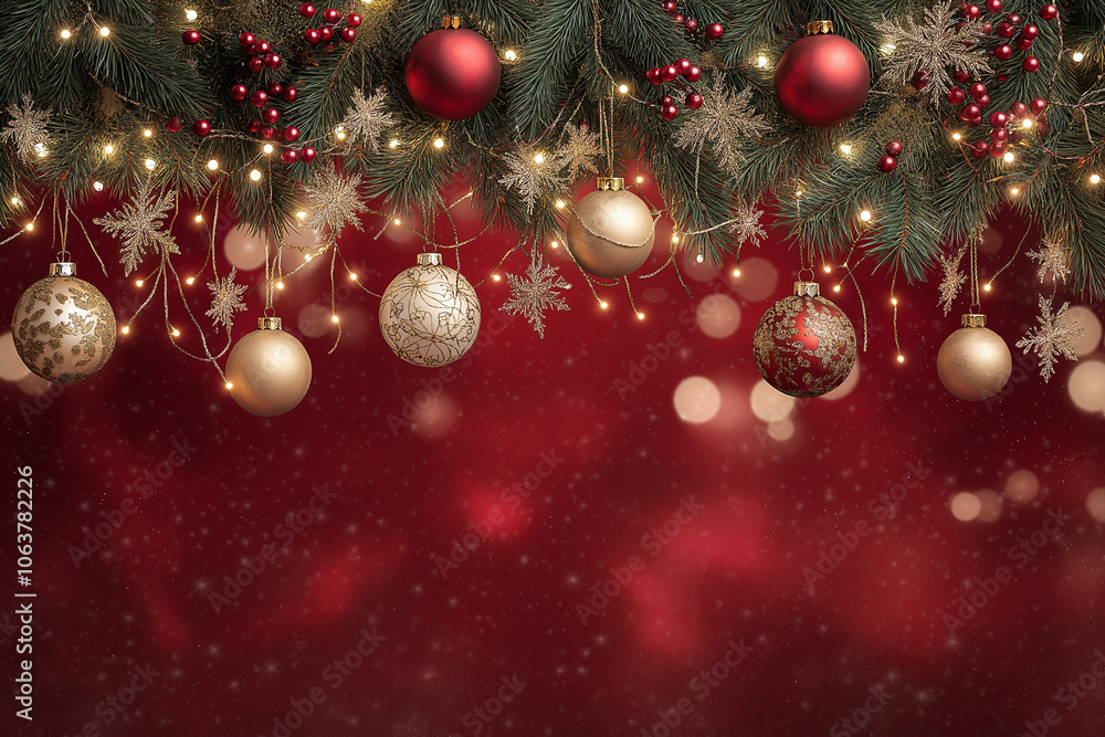 A festive Christmas background adorned with golden and silver ornaments hanging from delicate pine branches. on soft red background A festive Christmas background adorned with golden and silver ornaments hanging from delicate pine branches. on soft red background