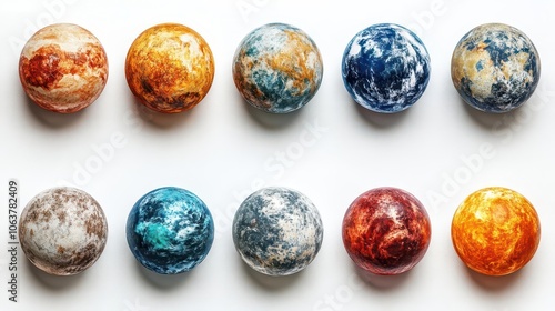 set of planets illustrated in various colors and sizes isolated on a clean white background showcasing celestial bodies and the beauty of the universe