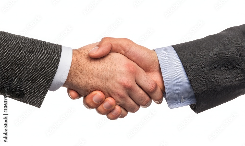 Two business professionals shaking hands in agreement on a white background. Two business professionals shaking hands in agreement on a white background.