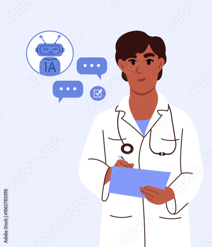 AI technology and medicine. Medical worker uses AI technology. Vector illustration in flat style