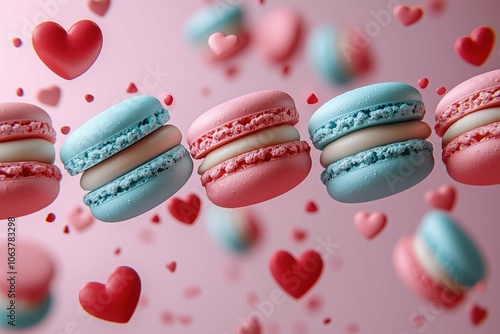 Colorful mix of pink and blue macarons, heart accents scattered. photo