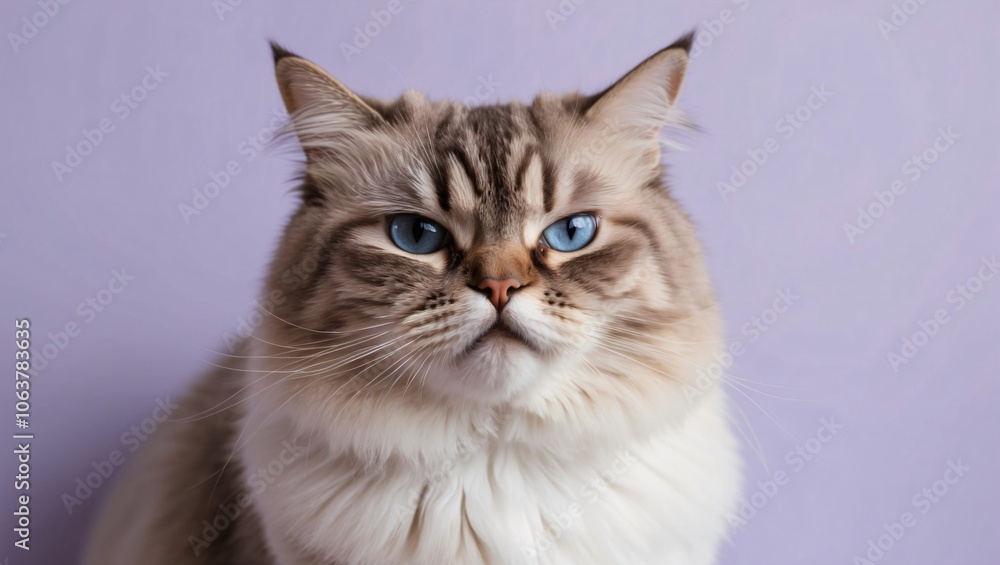 Ragdoll Cat with Striking Blue Eyes on Purple Background Ragdoll Cat with Striking Blue Eyes on Purple Background