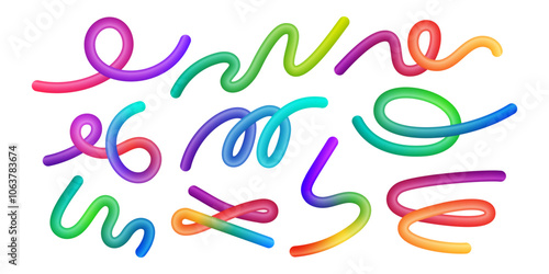 Wavy gradients. Rainbow abstract waves, colorful fluid spiral and squiggly lines, liquid twisted geometric shapes. Isolated 3d elements with vivid iridescent gradient vector set