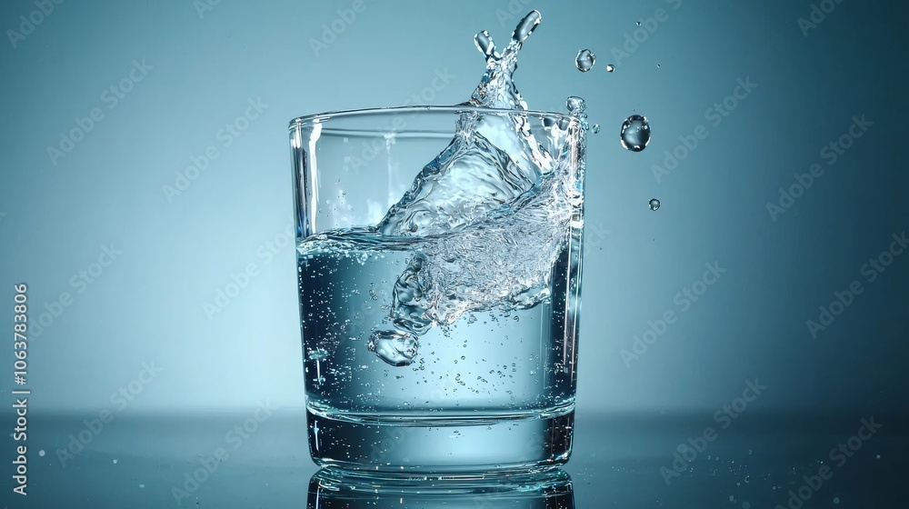 A clear glass of water splashes as droplets scatter, creating a dynamic and refreshing visual on a softly illuminated background. A clear glass of water splashes as droplets scatter, creating a dynamic and refreshing visual on a softly illuminated background.