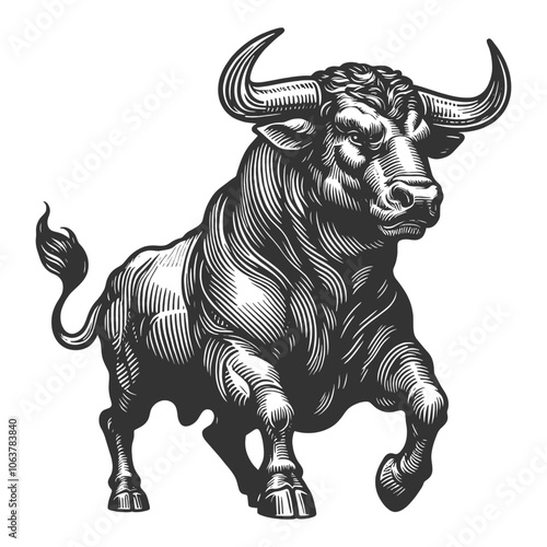 muscular bull in mid-charge, capturing strength, aggression, and motion in a bold style sketch engraving generative ai vector illustration. Scratch board imitation. Black and white image.