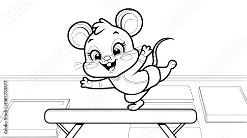 Cute Mouse Gymnast - Black and White Coloring Book Illustration Generative AI