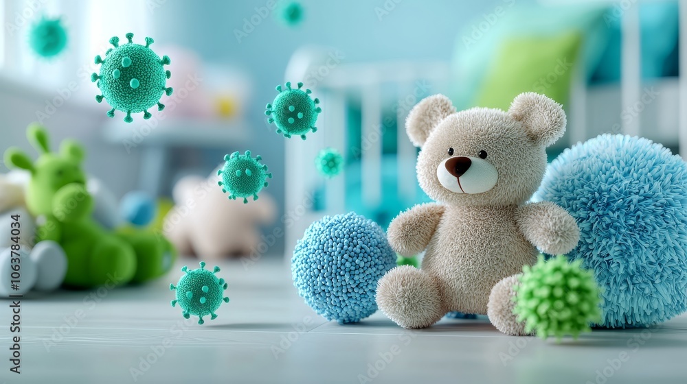 Fototapeta premium A cute teddy bear sits surrounded by soft, colorful balls and floating virus-like shapes, evoking themes of childhood and health.