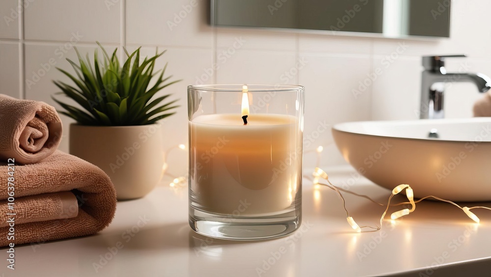 A serene bathroom scene featuring a lit candle, a potted plant, soft towels, and decorative fairy lights, creating a relaxing ambiance. A serene bathroom scene featuring a lit candle, a potted plant, soft towels, and decorative fairy lights, creating a relaxing ambiance.