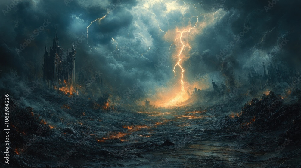 A dramatic scene of a fiery apocalyptic landscape with a lightning strike and dark stormy clouds above. A dramatic scene of a fiery apocalyptic landscape with a lightning strike and dark stormy clouds above.