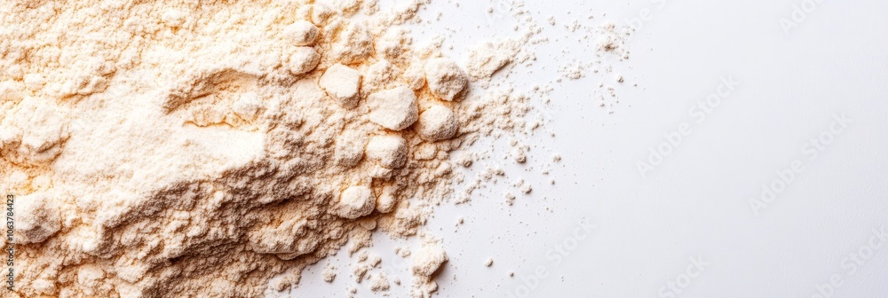 A close-up shot of a pile of flour on a white background. The flour is soft, light, and fluffy, with a subtle texture. This image is perfect for representing baking, cooking, or food. A close-up shot of a pile of flour on a white background. The flour is soft, light, and fluffy, with a subtle texture. This image is perfect for representing baking, cooking, or food.