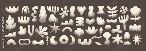 Naive abstract shapes. Doodle elements with noisy grain pattern. Natural objects with grunge texture. Trendy shape silhouette, minimalist amorphous form, vector set