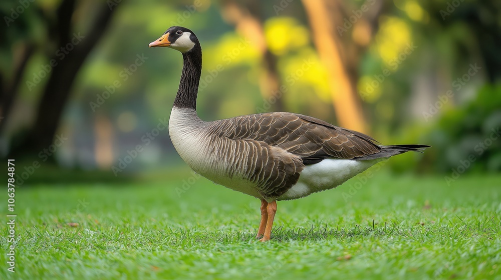 Chinese brown necked goose standing on a grassy land Chinese brown necked goose standing on a grassy land