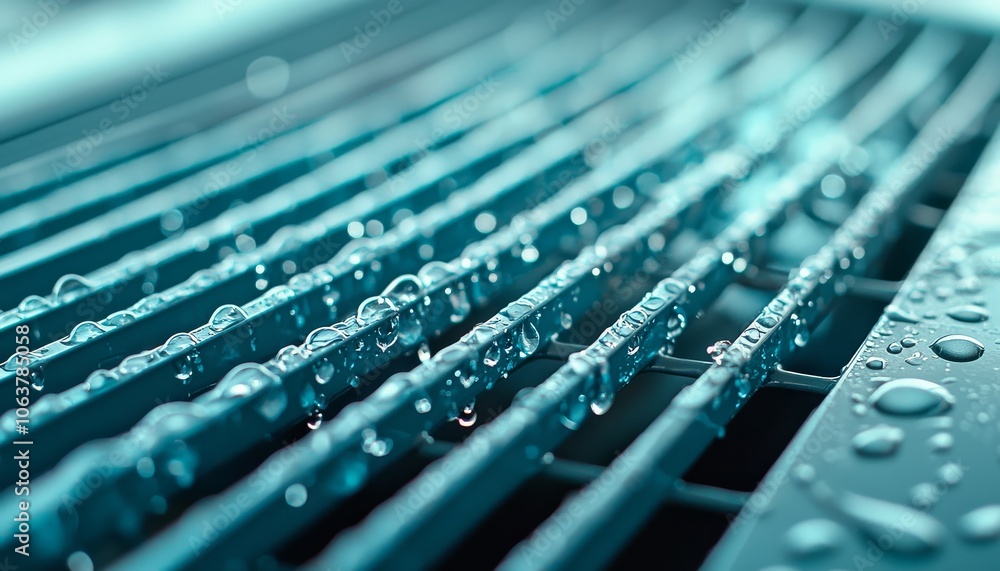 Close-up image of water droplets resting on metallic slats, creating a serene, textured appearance in shades of blue and green. Close-up image of water droplets resting on metallic slats, creating a serene, textured appearance in shades of blue and green.