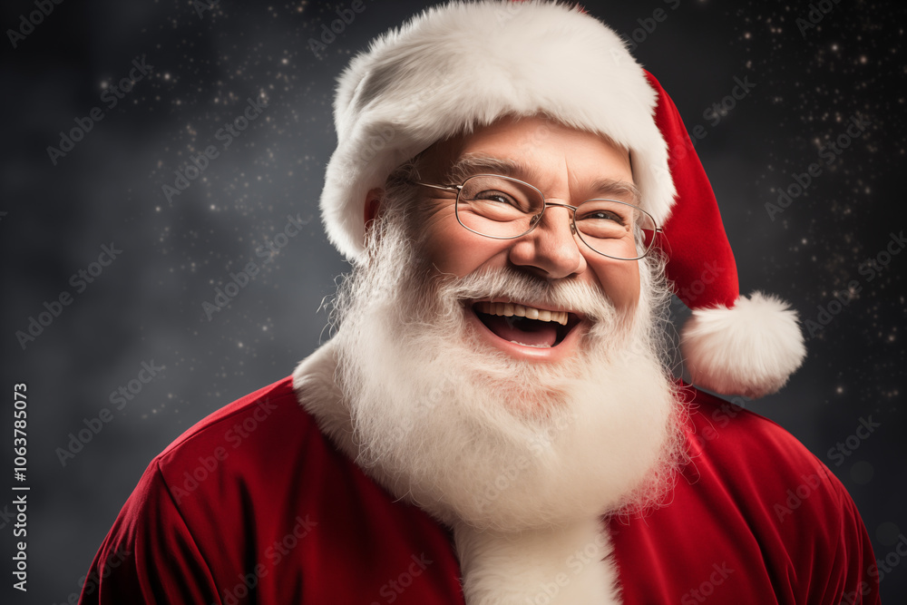 A cheerful man dressed as Santa Claus beams with happiness, showcasing his white beard and round glasses, embodying the spirit of the holidays. A cheerful man dressed as Santa Claus beams with happiness, showcasing his white beard and round glasses, embodying the spirit of the holidays.