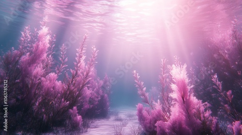 Underwater scene with pink seaweed and sunlight shining through the water.