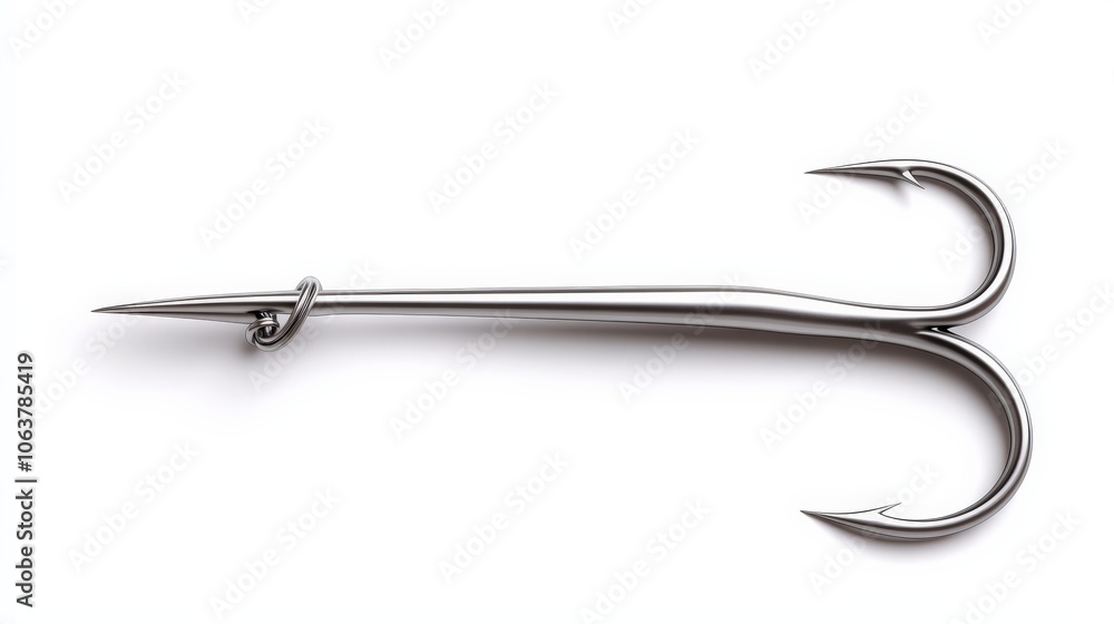 Double Hook: A close-up of a sharp double hook, isolated against a clean background. The hook's metallic sheen and intricate design highlight its strength and purpose. Double Hook: A close-up of a sharp double hook, isolated against a clean background. The hook's metallic sheen and intricate design highlight its strength and purpose.