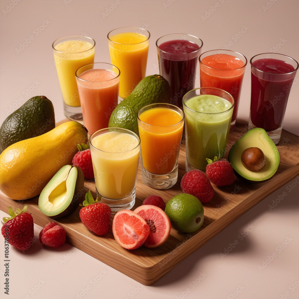 Background A group of healthy fresh fruit juice in glass cups on a wooden table, diet