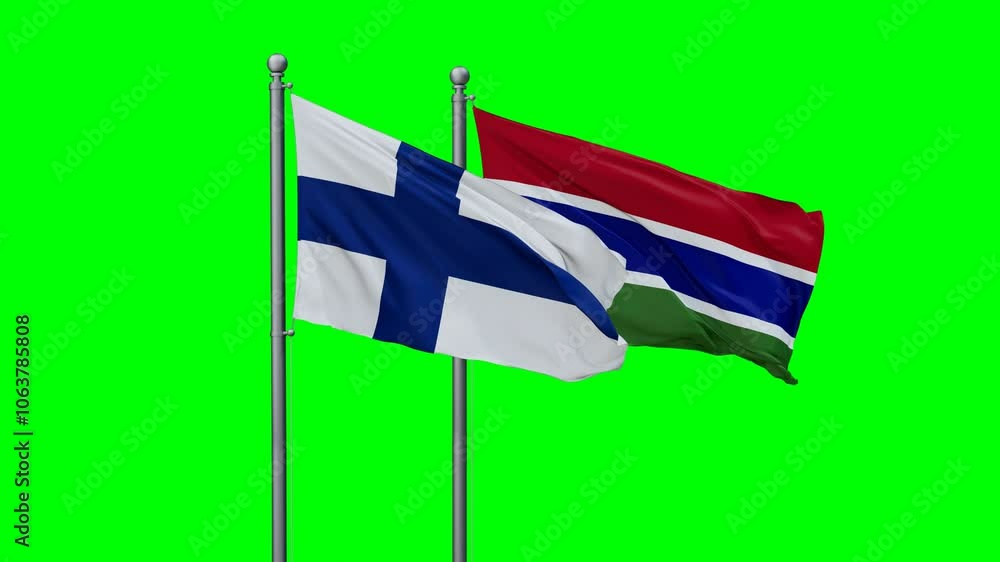 Gambia and Finland flags flying together, video concept of the relationship with colored chroma key for easy background remove Gambia and Finland flags flying together, video concept of the relationship with colored chroma key for easy background remove